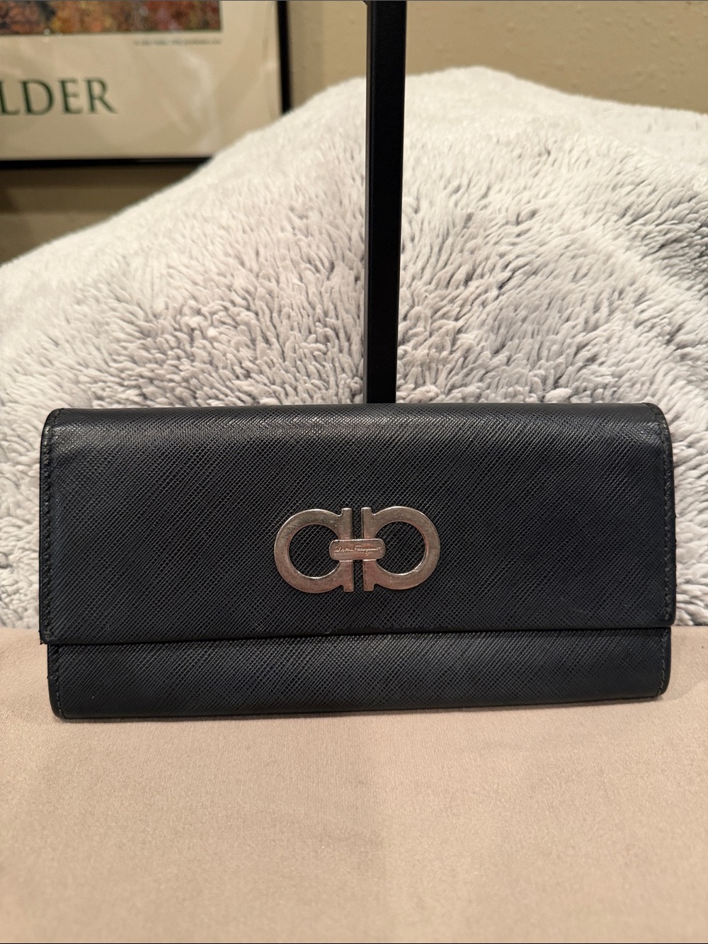 Salvatore Ferragamo Black Saffiano Leather Continental Wallet with Gancini